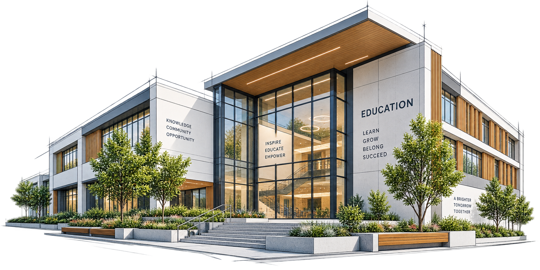 Contemporary education building with glazed atrium, trees and landscaped entry