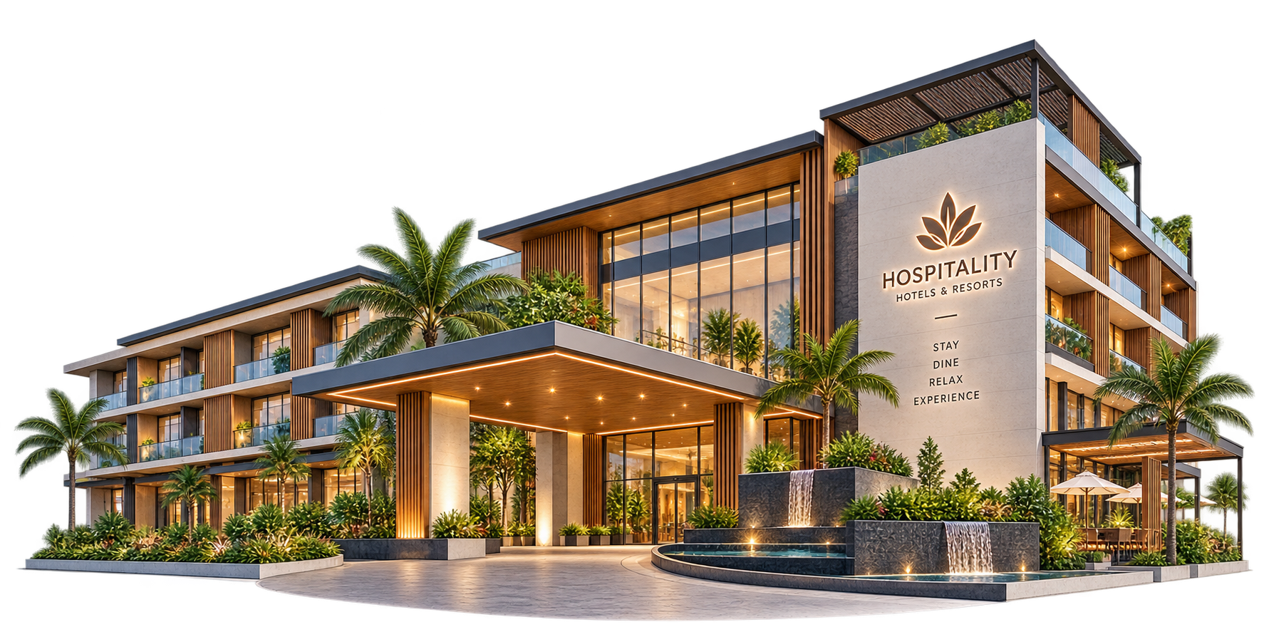 Contemporary hospitality hotel with tropical landscaping, terraces and warm architectural lighting