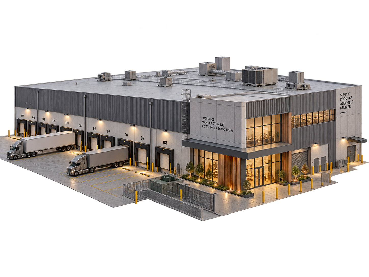 Modern logistics and manufacturing facility with loading bays and warm interior lighting